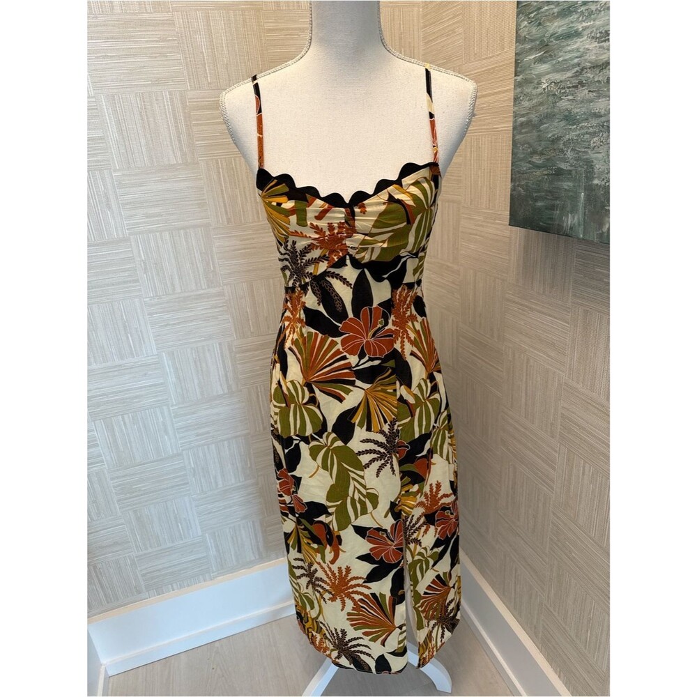 ROW-A Tropical Scalloped Midi Dress Cotton Jungle Print Slit S NWOT